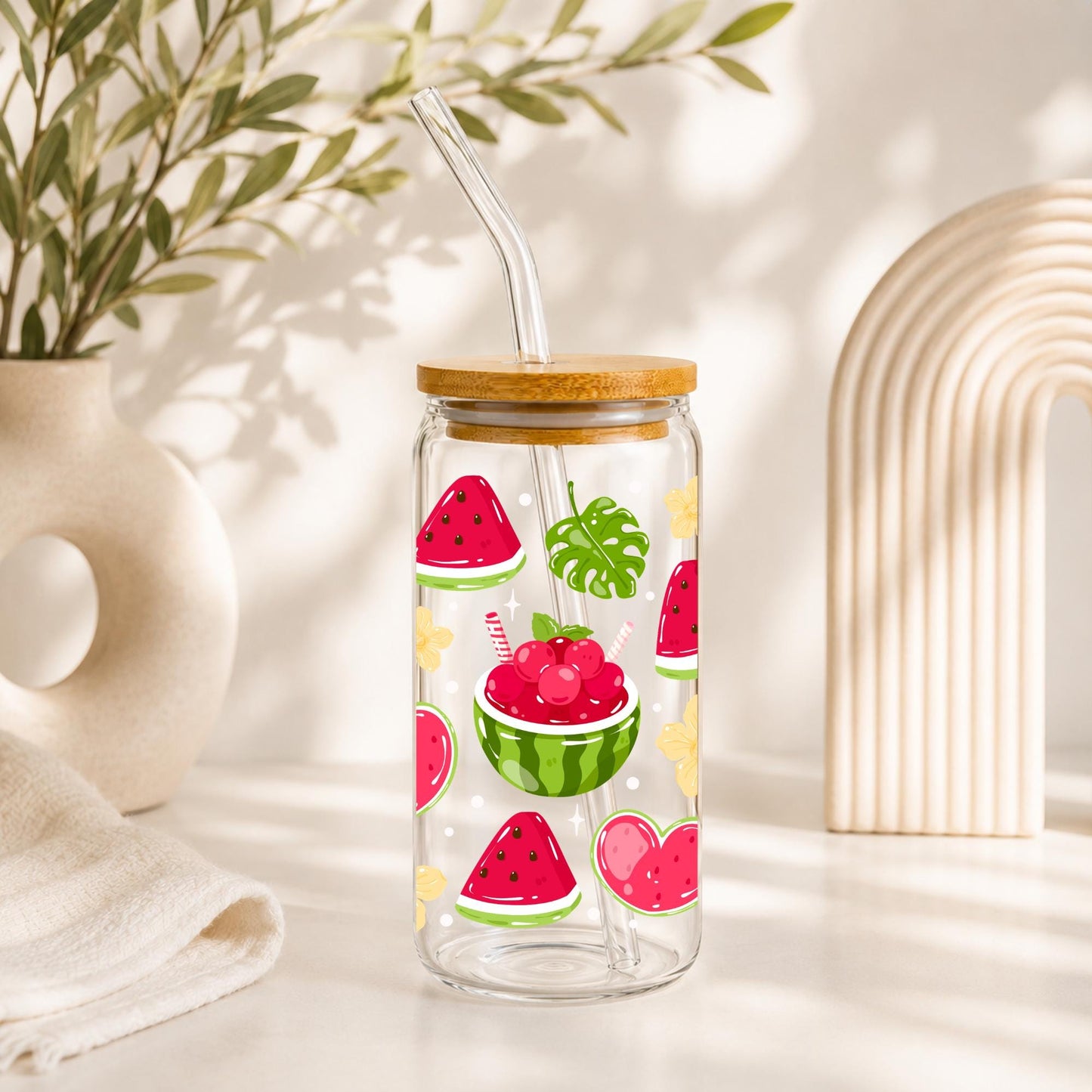 Watermelon Glass Cup 20oz with Bamboo Lid and Glass Straw, Cute Summer Fruit Iced Coffee Cup, Aesthetic Glass Can Tumbler for Women