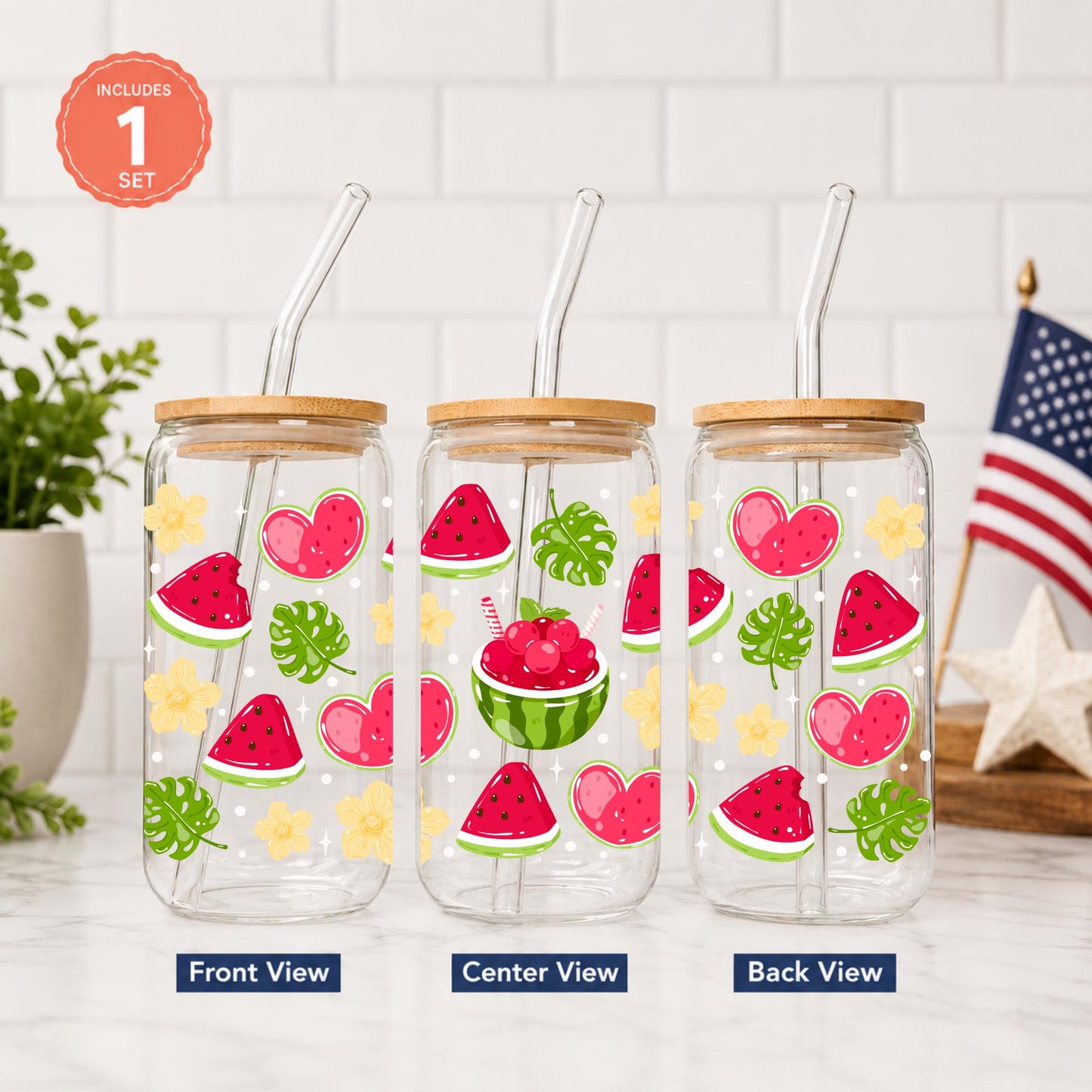 Watermelon Glass Cup 20oz with Bamboo Lid and Glass Straw, Cute Summer Fruit Iced Coffee Cup, Aesthetic Glass Can Tumbler for Women