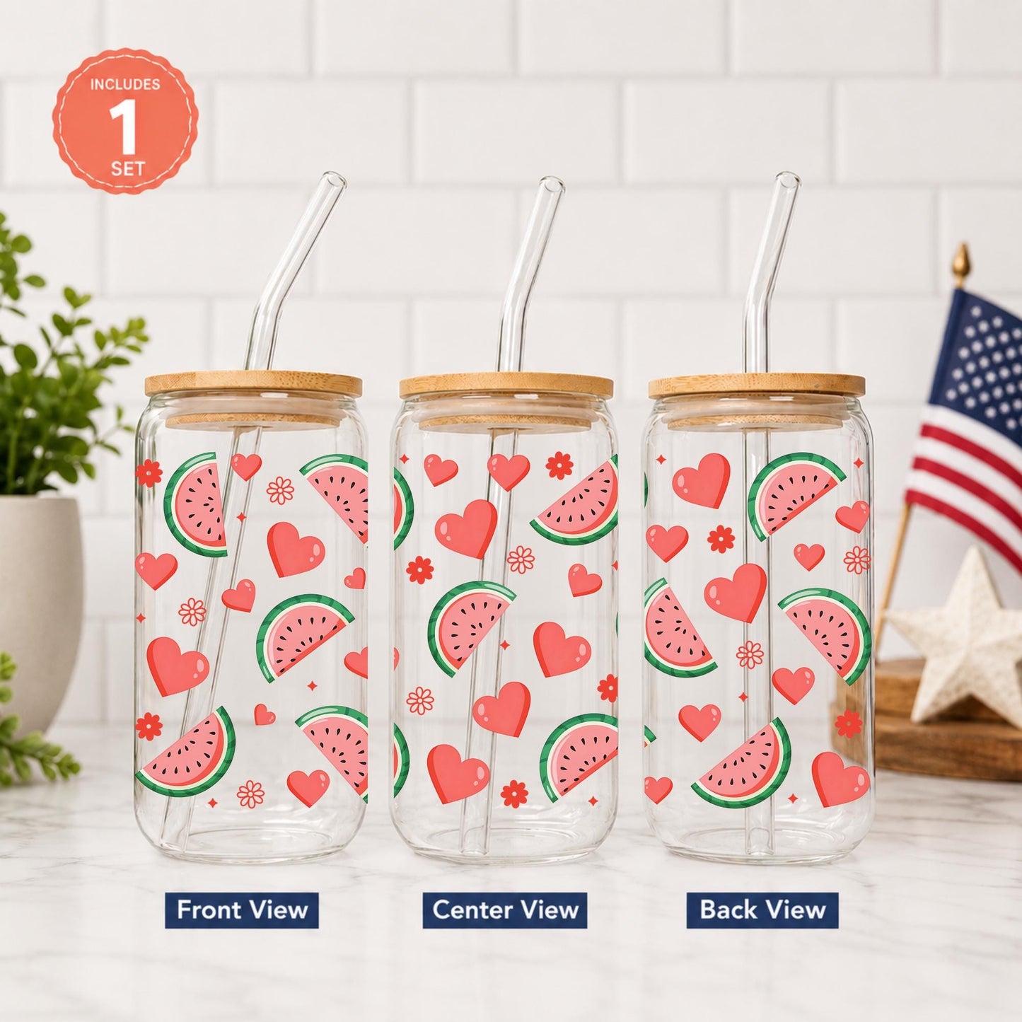 Watermelon Glass Cup 20oz with Bamboo Lid and Glass Straw, Cute Summer Fruit Iced Coffee Cup, Aesthetic Glass Can Tumbler for Women