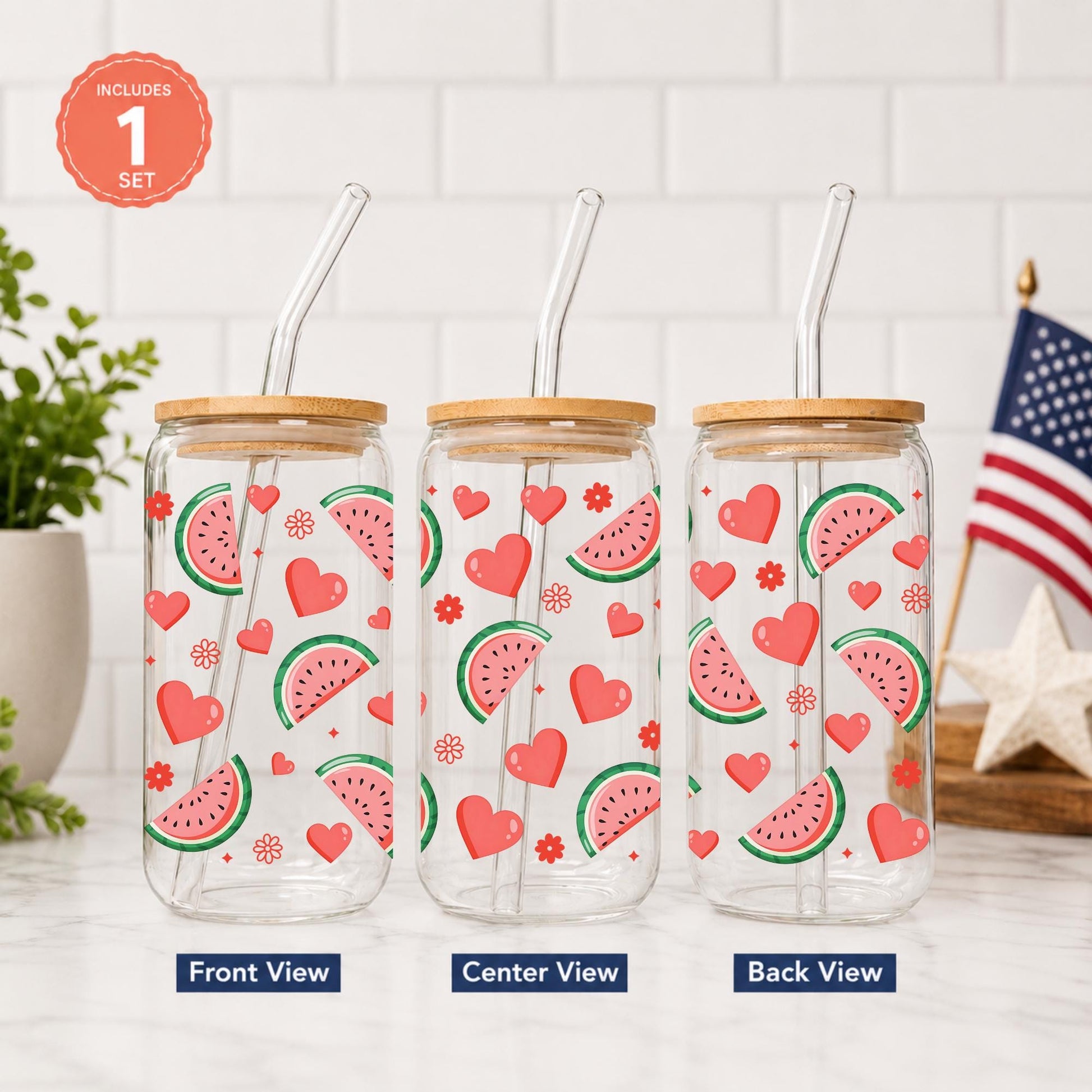 Watermelon Glass Cup 20oz with Bamboo Lid and Glass Straw, Cute Summer Fruit Iced Coffee Cup, Aesthetic Glass Can Tumbler for Women