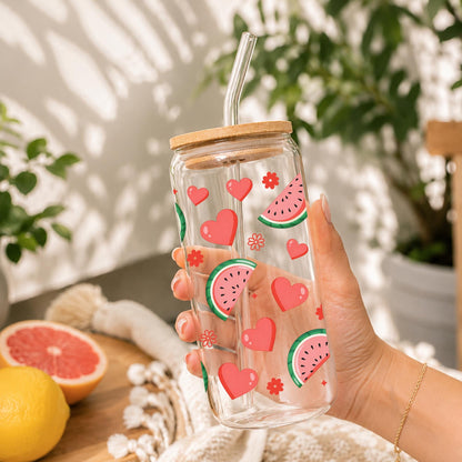 Watermelon Glass Cup 20oz with Bamboo Lid and Glass Straw, Cute Summer Fruit Iced Coffee Cup, Aesthetic Glass Can Tumbler for Women