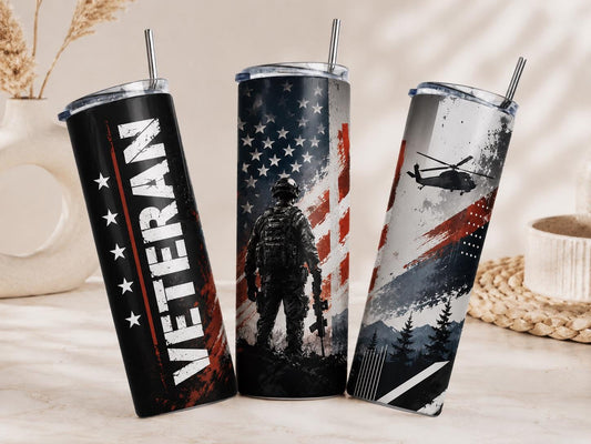 20oz Veteran Tumbler, Military Gift for Men, American Flag Skinny Tumbler, Army Veteran Cup, Stainless Steel Travel Mug