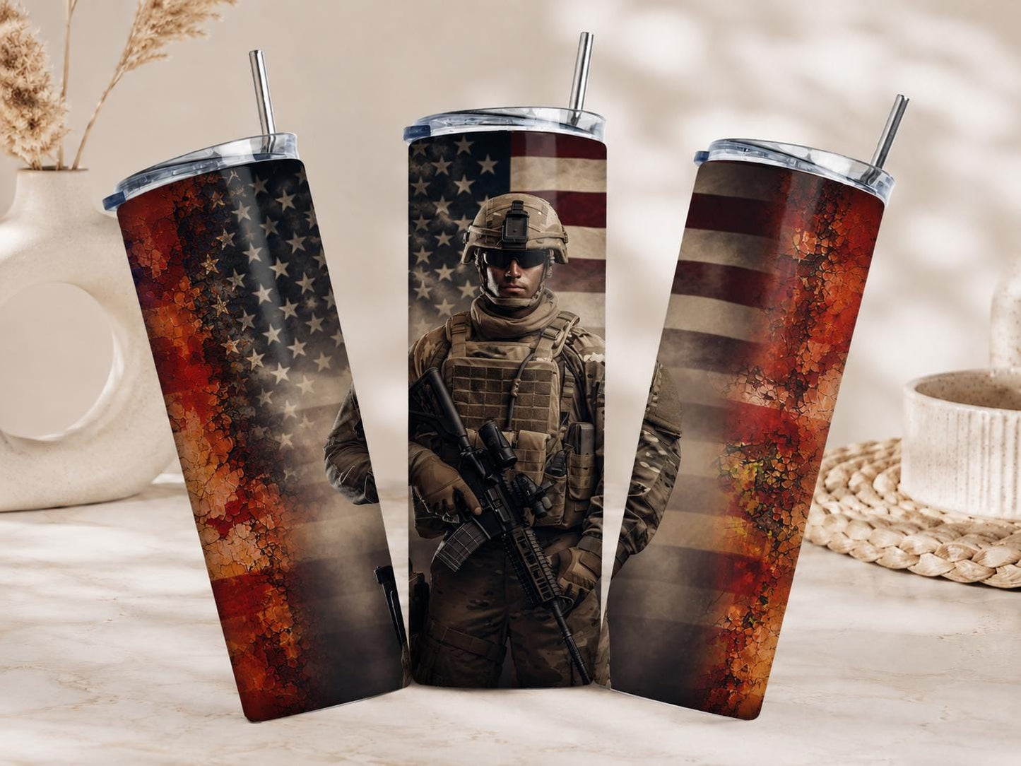 20oz Military Tumbler, Veteran Gift, American Flag Skinny Tumbler, Army Veteran Cup, Stainless Steel Travel Mug