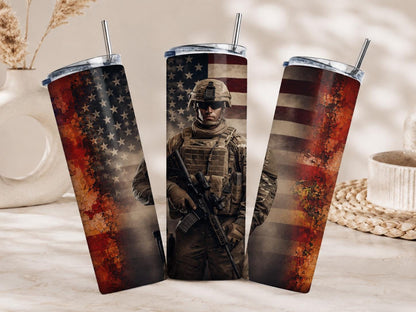 20oz Military Tumbler, Veteran Gift, American Flag Skinny Tumbler, Army Veteran Cup, Stainless Steel Travel Mug
