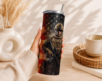 20oz Military Tumbler, Veteran Gift, American Flag Skinny Tumbler, Army Veteran Cup, Stainless Steel Travel Mug