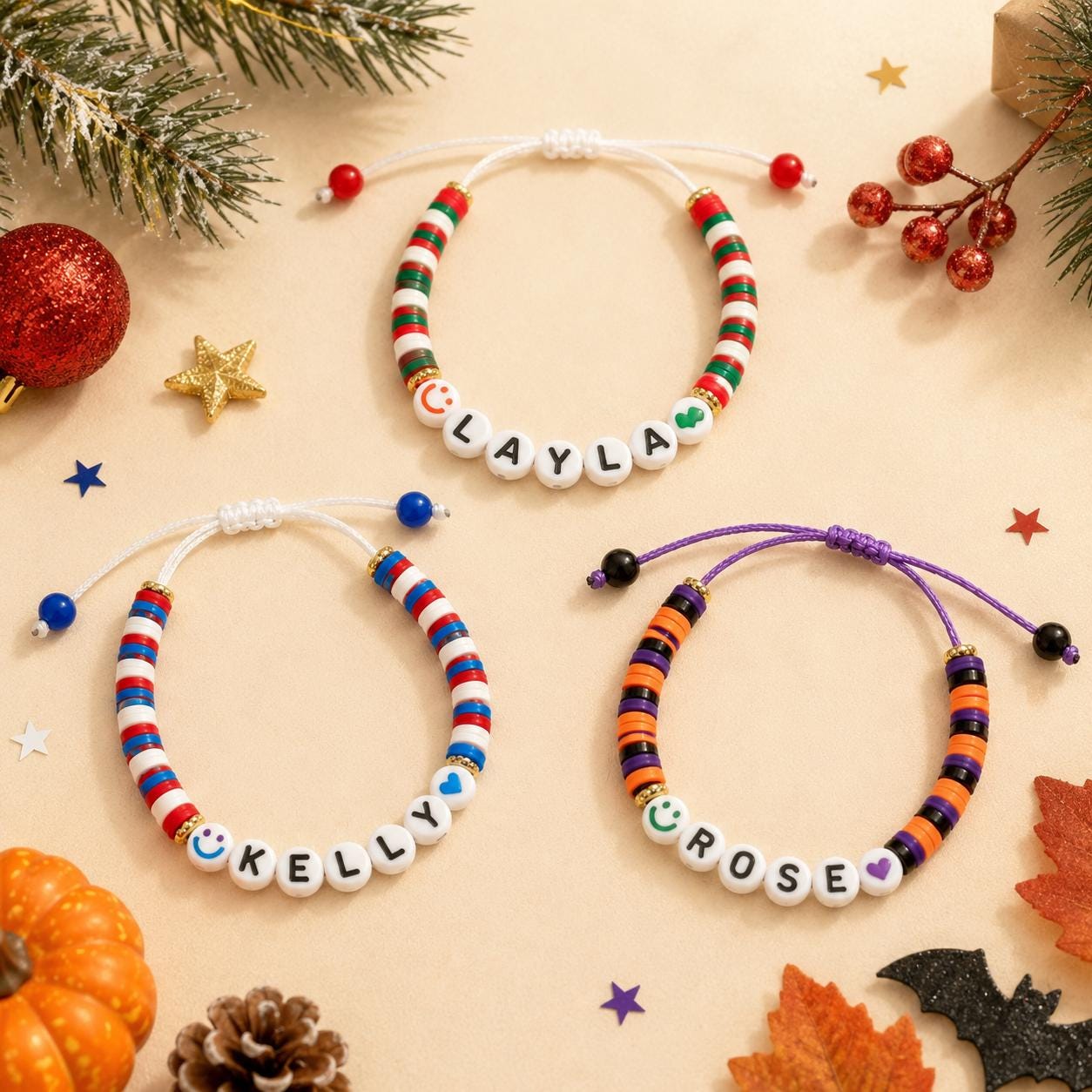 Three personalized holiday bracelets with adjustable sliding knot, featuring Christmas, Halloween, and 4th of July designs. Handmade custom name bracelets made with colorful polymer clay beads, perfect for kids, teens, and holiday gifts.