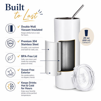Premium stainless steel tumbler construction featuring double wall vacuum insulation, BPA-free lid and sweat-free exterior.