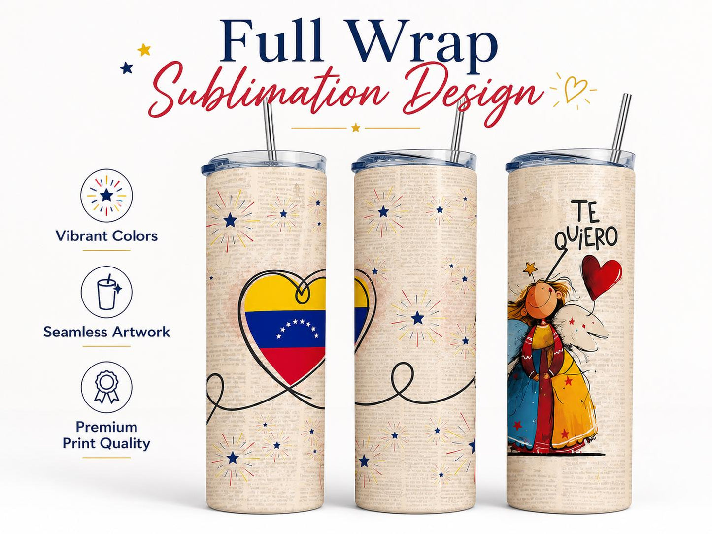 Three views of a Venezuelan insulated tumbler showing the full wrap sublimation artwork with heart flag, fireworks and angel illustration.