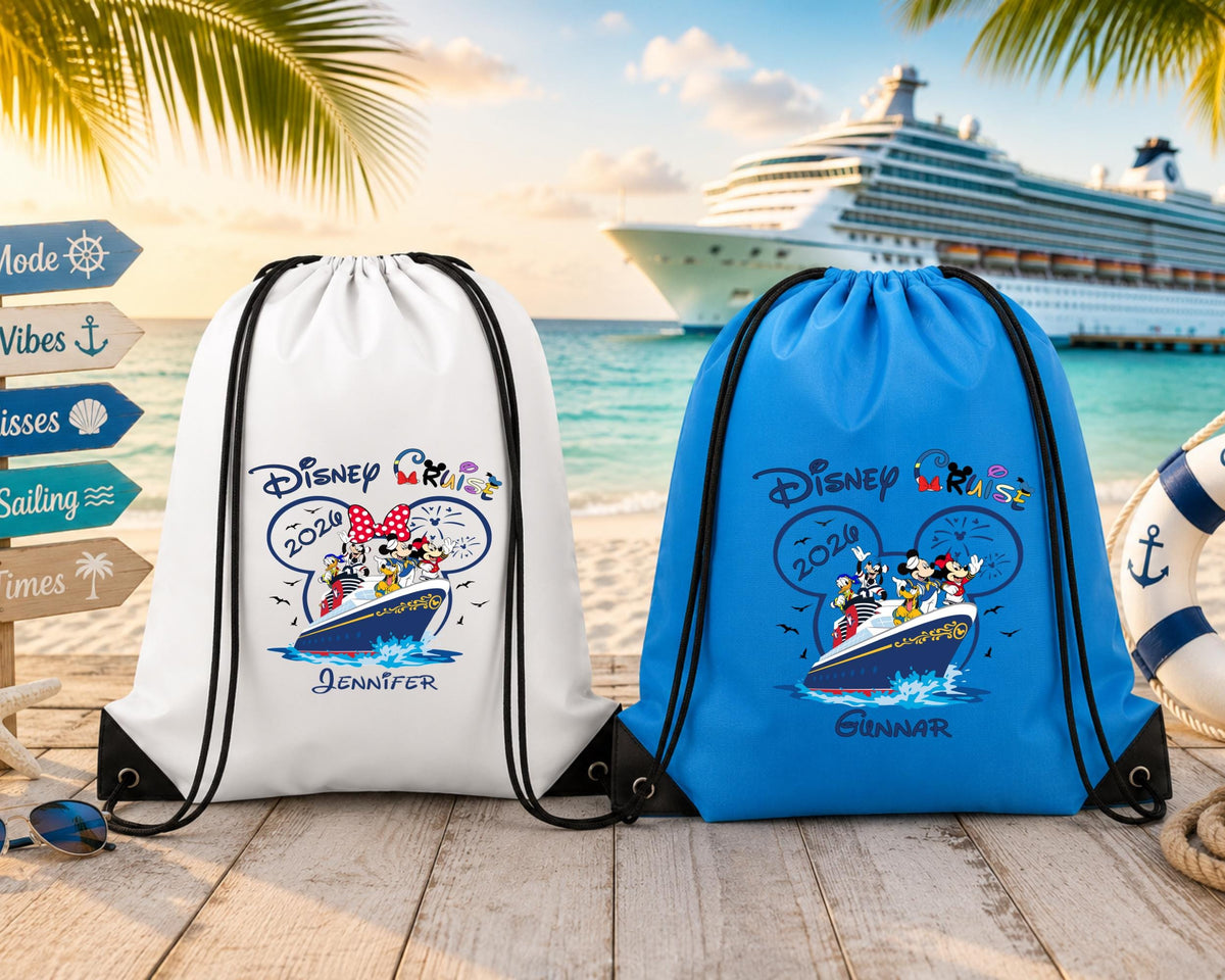custom white and blue drawstring backpack featuring a Disney Cruise Line design with Mickey Mouse, Minnie Mouse, Goofy, Donald Duck, and Pluto on a cruise ship. The bag is customizable with any name or text, and year