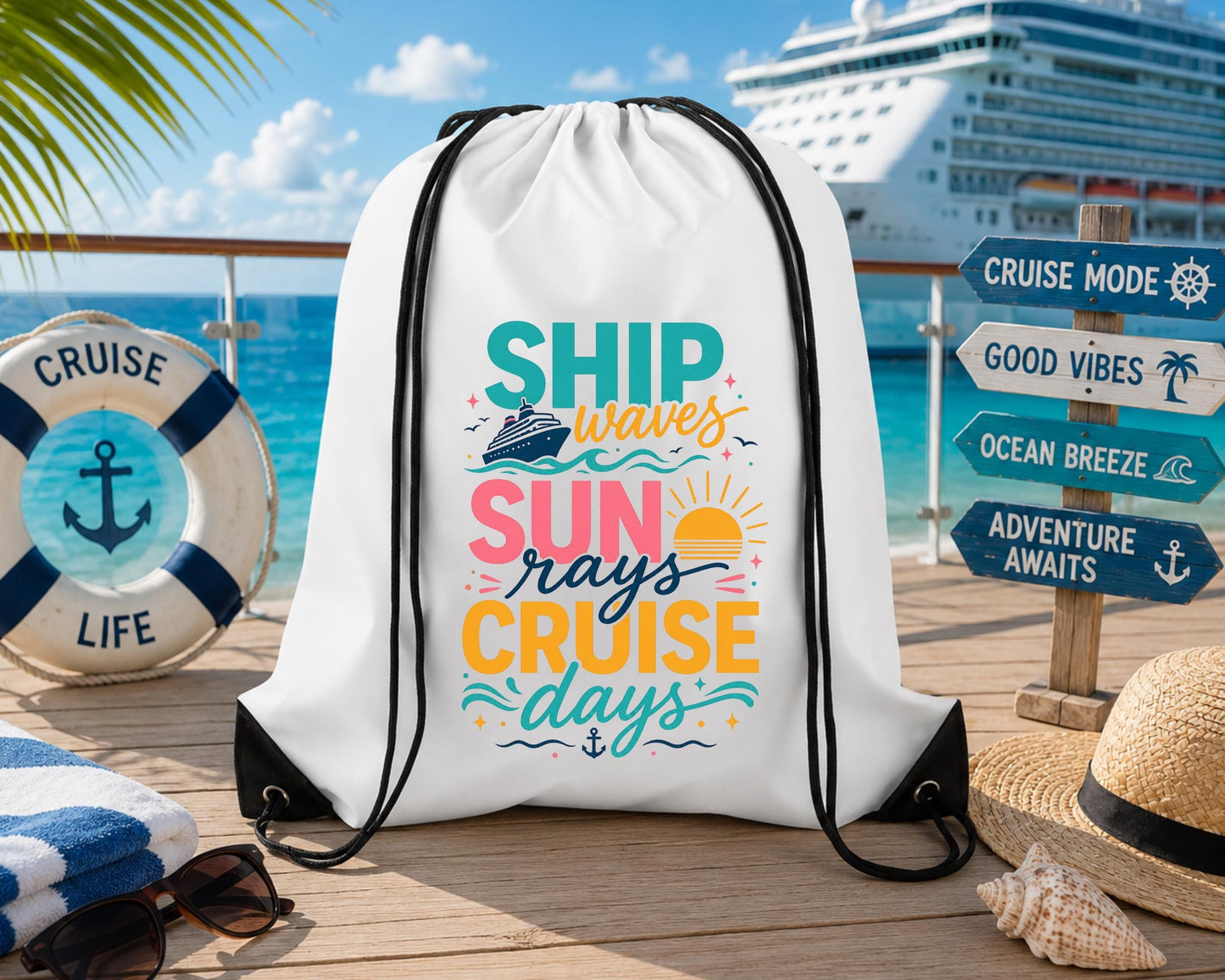 White drawstring backpack featuring a colorful "Ship Waves, Sun Rays, Cruise Days" cruise-themed design displayed on a cruise ship deck with an ocean view.
