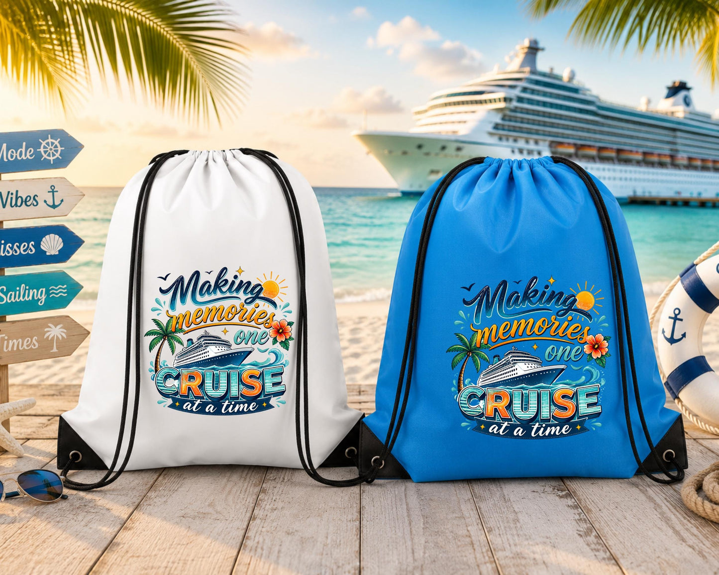 White and sky blue drawstring backpacks featuring a colorful "Making Memories One Cruise at a Time" design displayed on a tropical beach with a cruise ship in the background.