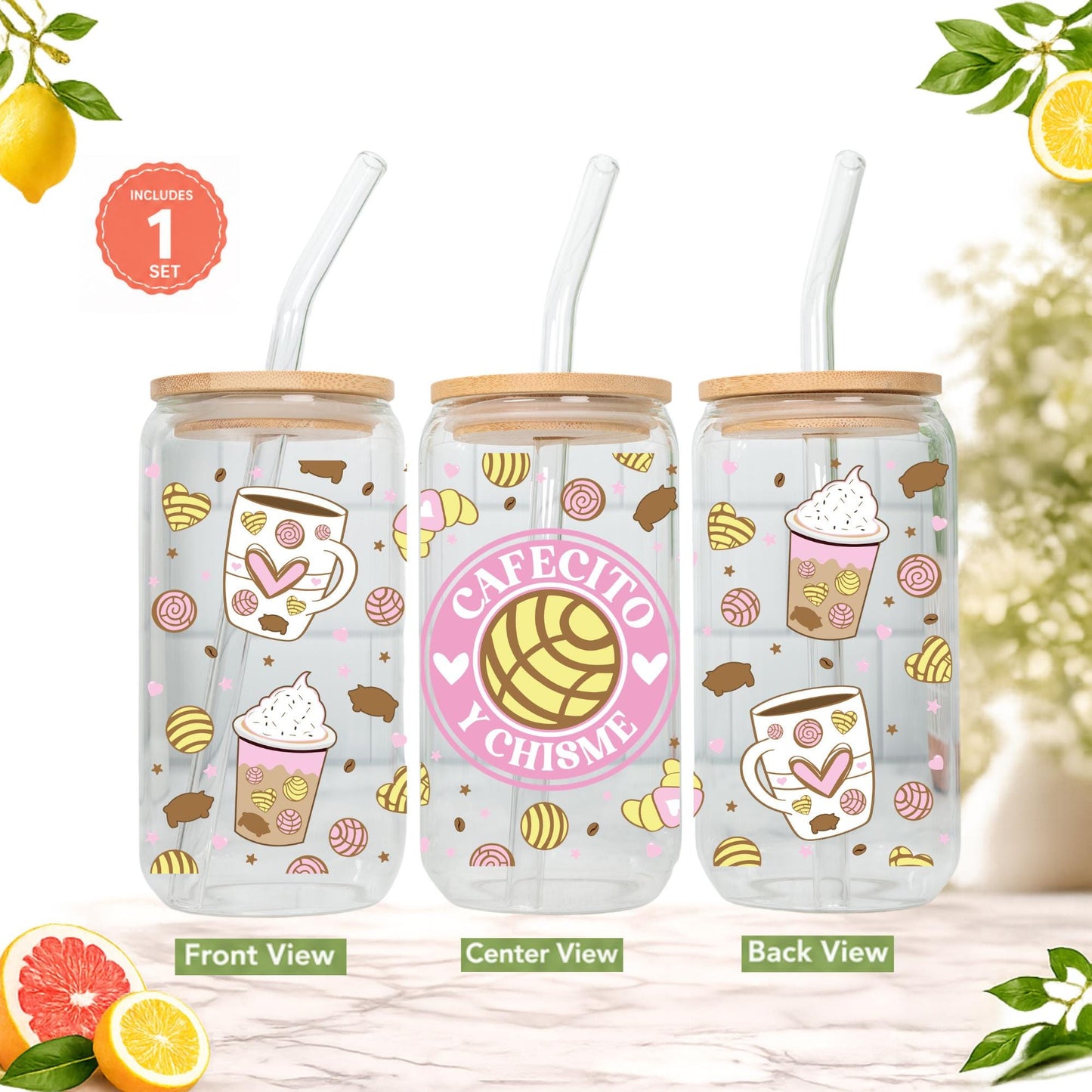 Cafecito y Chisme Glass Cup 16oz with Glass Straw and Bamboo Lid Coffee lover gifts