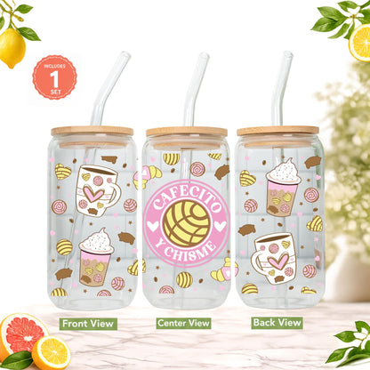Cafecito y Chisme Glass Cup 16oz with Glass Straw and Bamboo Lid Coffee lover gifts