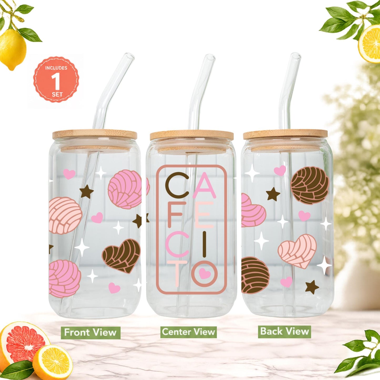 Cafecito y Chisme Glass Cup 16oz with Glass Straw and Bamboo Lid Coffee lover gifts
