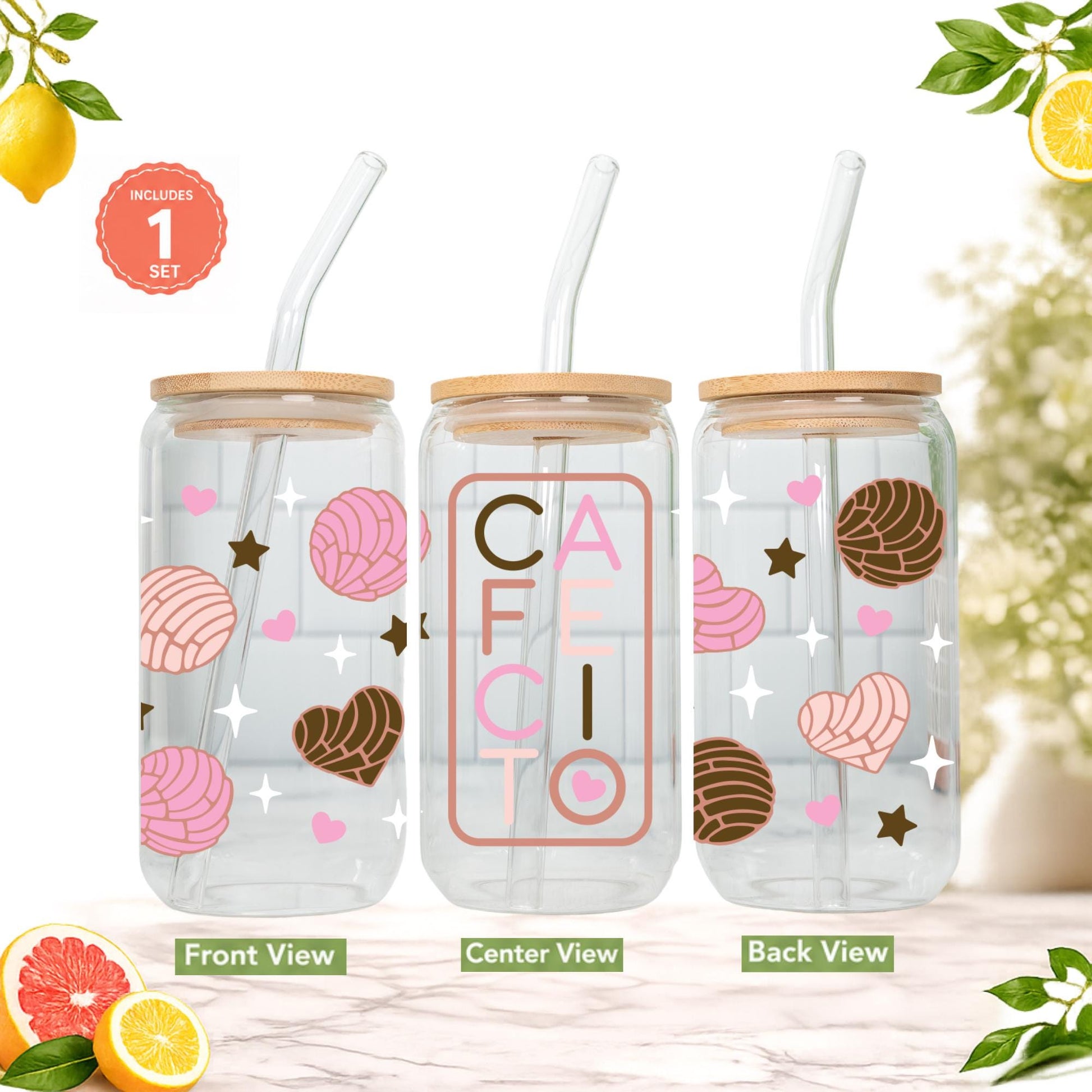 Cafecito y Chisme Glass Cup 16oz with Glass Straw and Bamboo Lid Coffee lover gifts