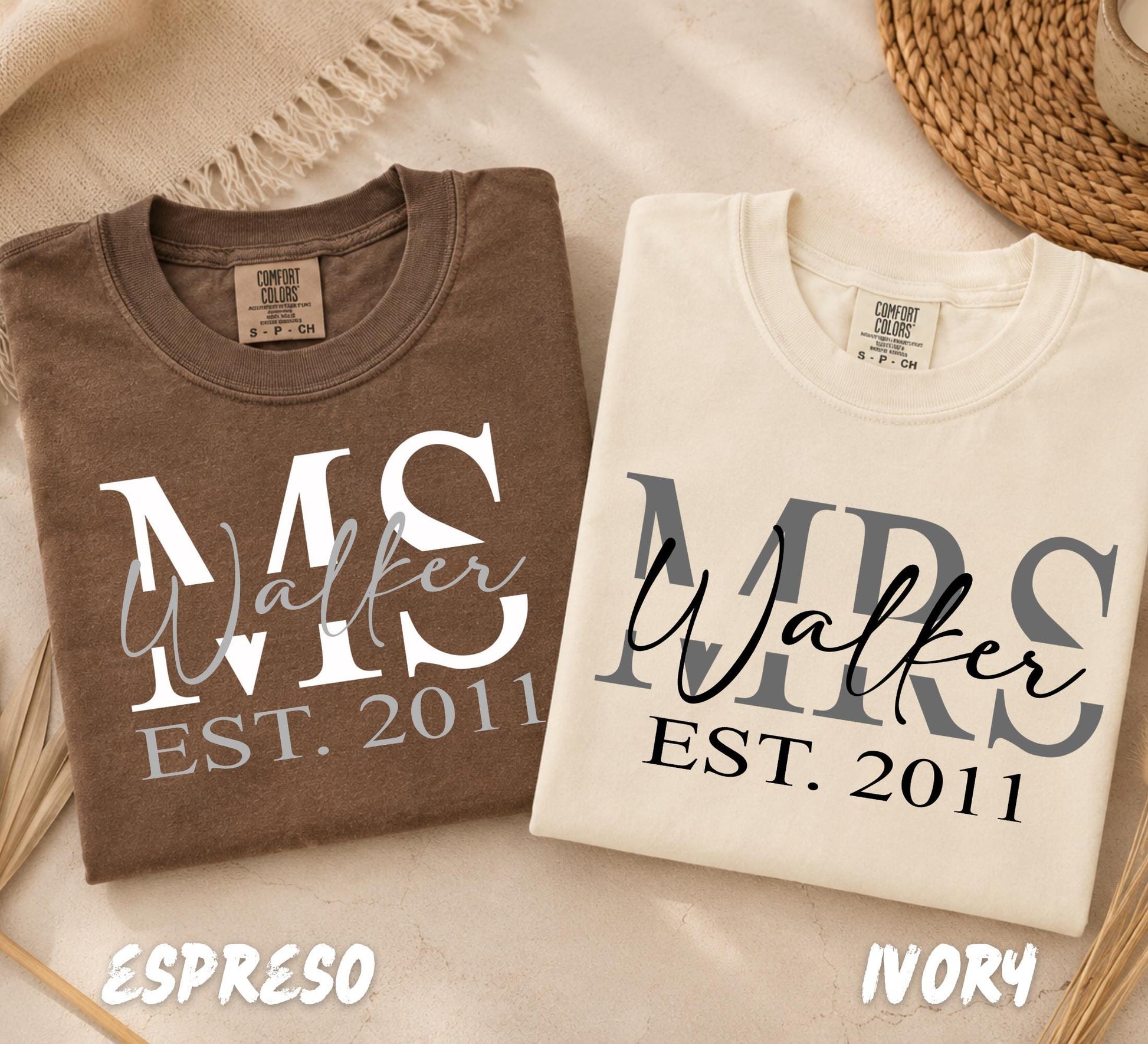 Matching family name shirts in white and black featuring custom surname and established year design.