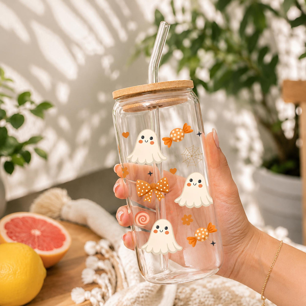 Halloween Glass Cup 20oz with Bamboo Lid and Glass Straw, Cute Ghost Pumpkin Libbey, Reusable Iced Coffee Glass Can, Spooky Season Cups