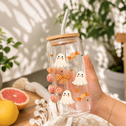 Halloween Glass Cup 20oz with Bamboo Lid and Glass Straw, Cute Ghost Pumpkin Libbey, Reusable Iced Coffee Glass Can, Spooky Season Cups