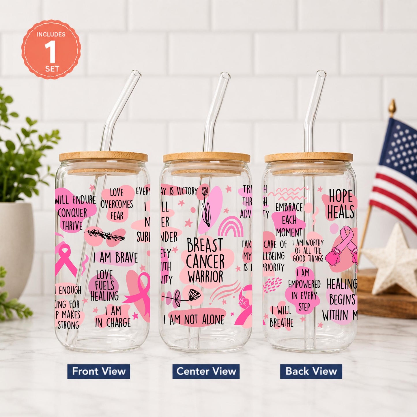 Breast Cancer Warrior Glass Cup 20oz with Bamboo Lid and Glass Straw, Pink Ribbon Cancer Survivor Tumbler, Breast Cancer Gift for Women