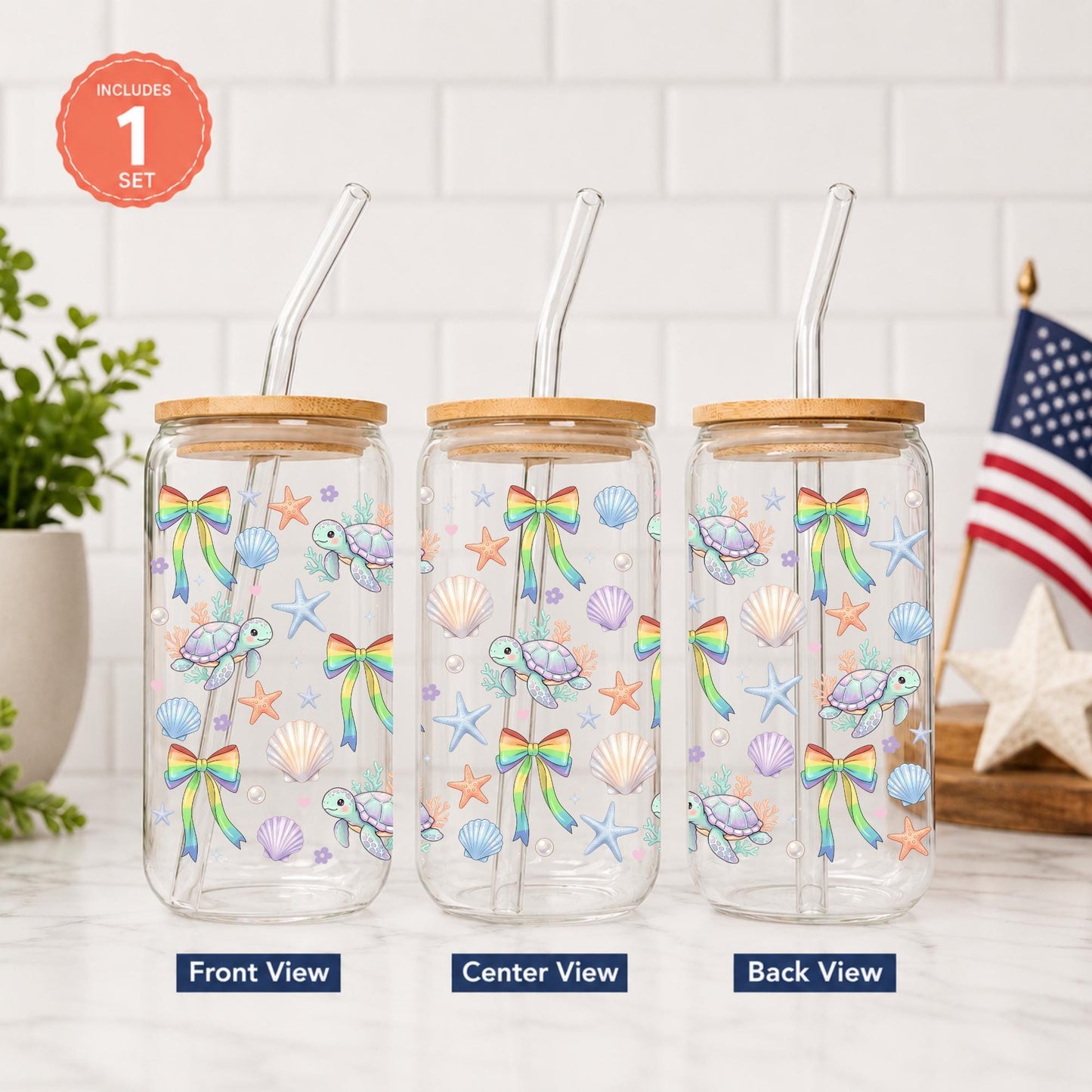 Sea Turtle Glass Cup 20oz with Bamboo Lid and Glass Straw, Coastal Coquette Tumbler with Rainbow Bows, Seashells & Starfish, Cute Ocean Cup
