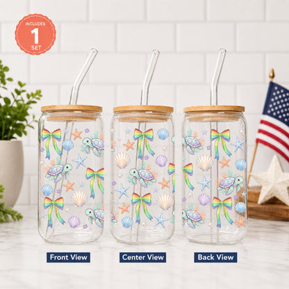 Sea Turtle Glass Cup 20oz with Bamboo Lid and Glass Straw, Coastal Coquette Tumbler with Rainbow Bows, Seashells & Starfish, Cute Ocean Cup