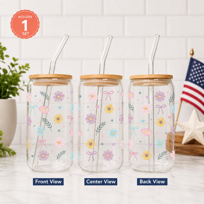 Daisy Coquette Glass Cup with Bows, Floral Iced Coffee Tumbler with Bamboo Lid and Straw