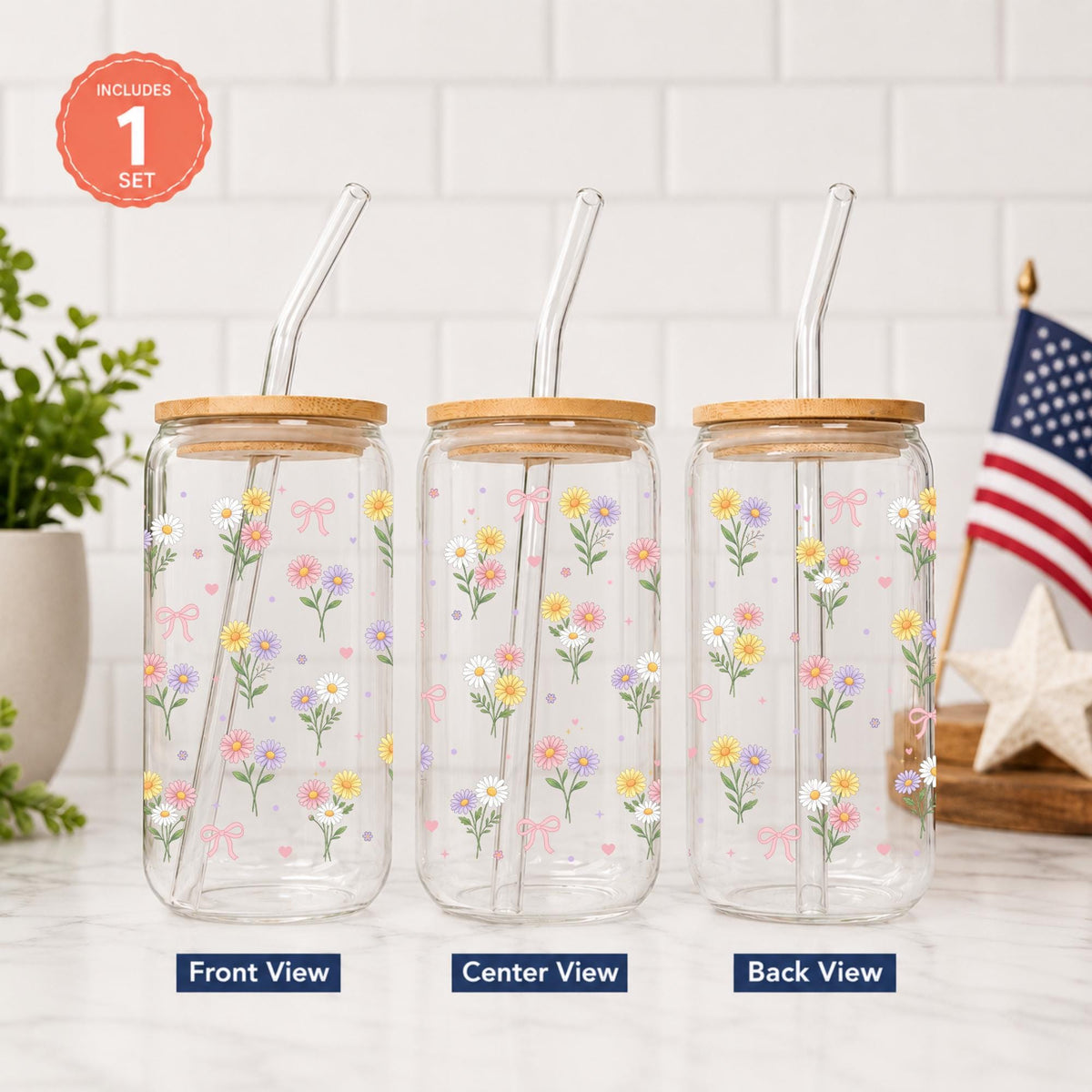 Daisy Coquette Glass Cup with Bows, Floral Iced Coffee Tumbler with Bamboo Lid and Straw