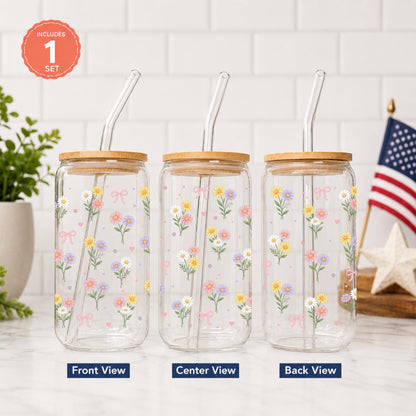Daisy Coquette Glass Cup with Bows, Floral Iced Coffee Tumbler with Bamboo Lid and Straw