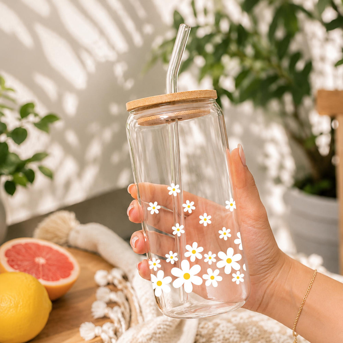 Daisy Coquette Glass Cup with Bows, Floral Iced Coffee Tumbler with Bamboo Lid and Straw