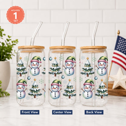 Christmas Snowman Glass Cup 20oz with Lid and Straw, Winter Iced Coffee Cup, Snowman Tumbler, Holiday Glass Can Cup, Christmas Gift for Her