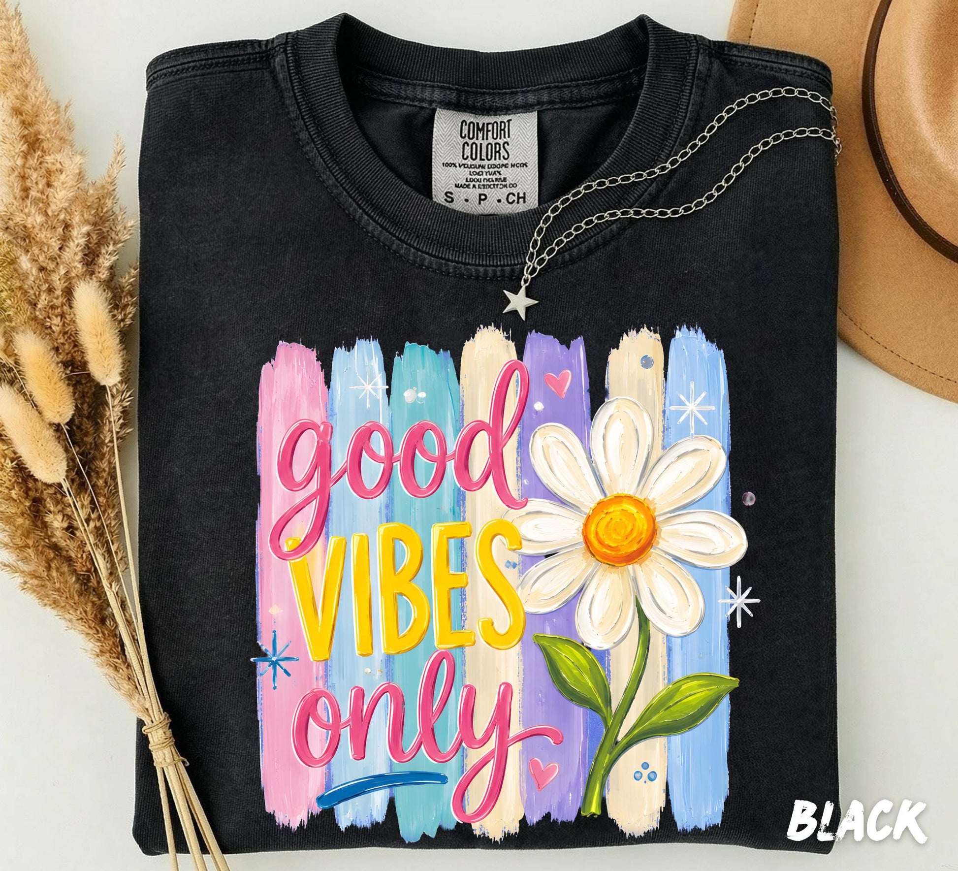 Comfort Colors® Good Vibes Only Shirt, Retro Daisy Graphic Tee, Colorful Boho Floral T-Shirt, Groovy Summer Shirt, Positive Quote Tee