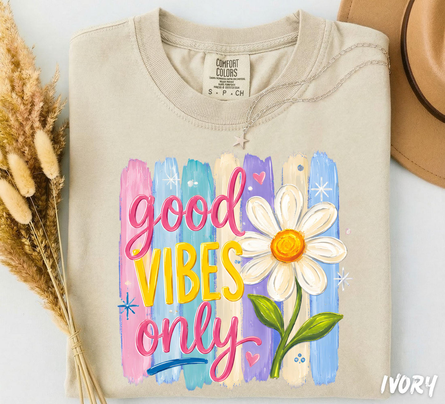 Comfort Colors® Good Vibes Only Shirt, Retro Daisy Graphic Tee, Colorful Boho Floral T-Shirt, Groovy Summer Shirt, Positive Quote Tee