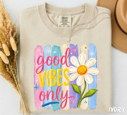 Comfort Colors® Good Vibes Only Shirt, Retro Daisy Graphic Tee, Colorful Boho Floral T-Shirt, Groovy Summer Shirt, Positive Quote Tee