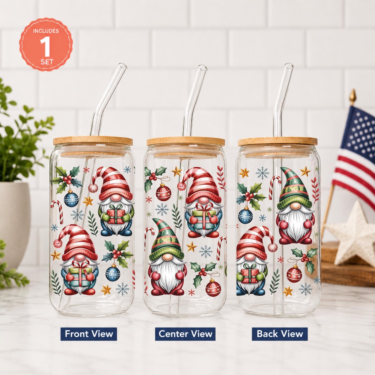 Christmas Glass Cup 20oz with Bamboo Lid and Glass Straw, Holiday Iced Coffee Cup, Festive Winter Glass Can Tumbler for Women