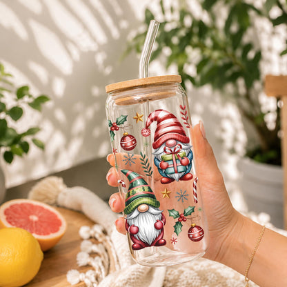 Christmas Glass Cup 20oz with Bamboo Lid and Glass Straw, Holiday Iced Coffee Cup, Festive Winter Glass Can Tumbler for Women