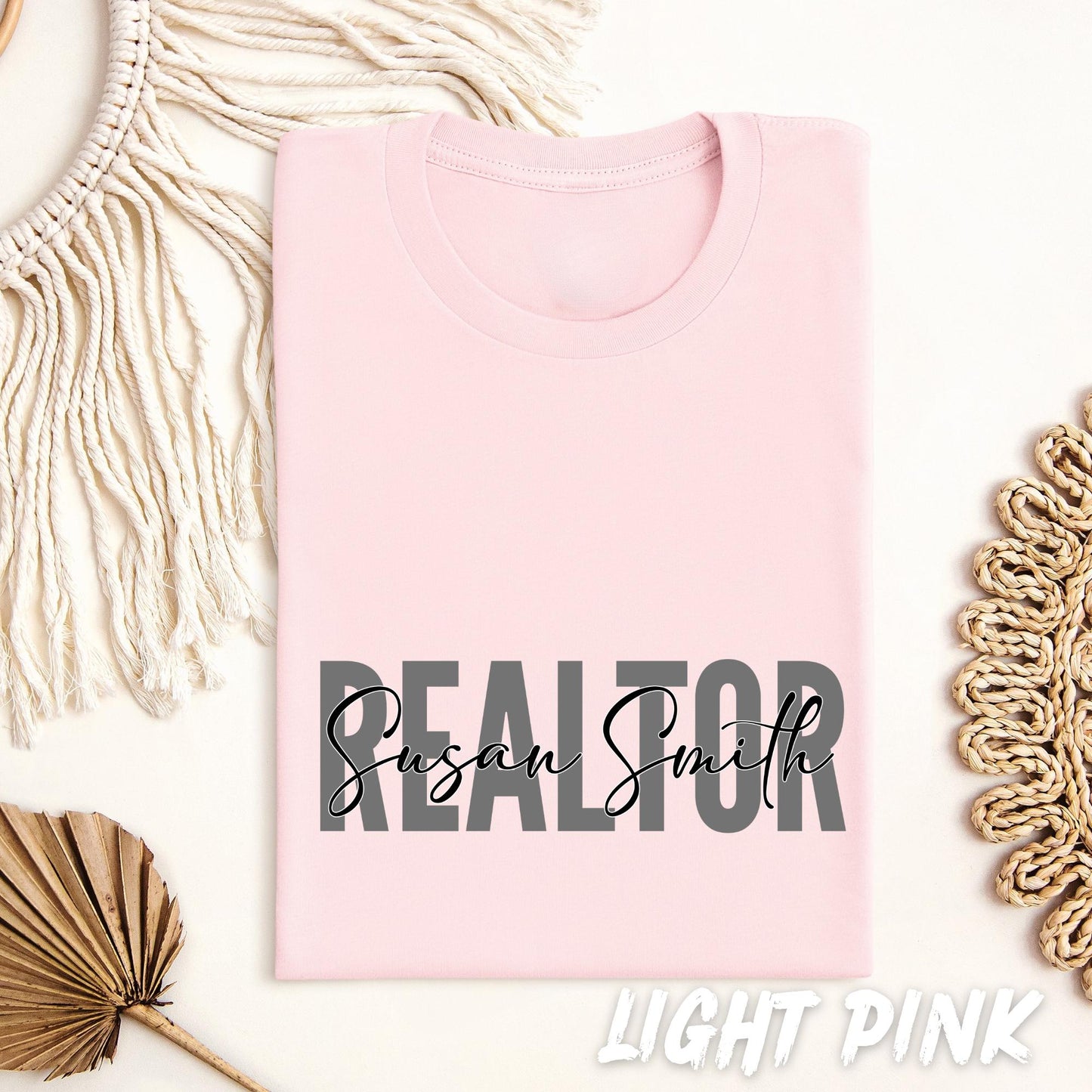 Close-up of personalized Realtor graphic featuring custom name layered over bold Realtor text in a modern minimalist design.