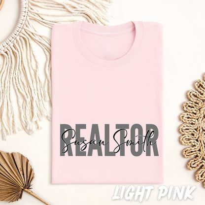 Close-up of personalized Realtor graphic featuring custom name layered over bold Realtor text in a modern minimalist design.