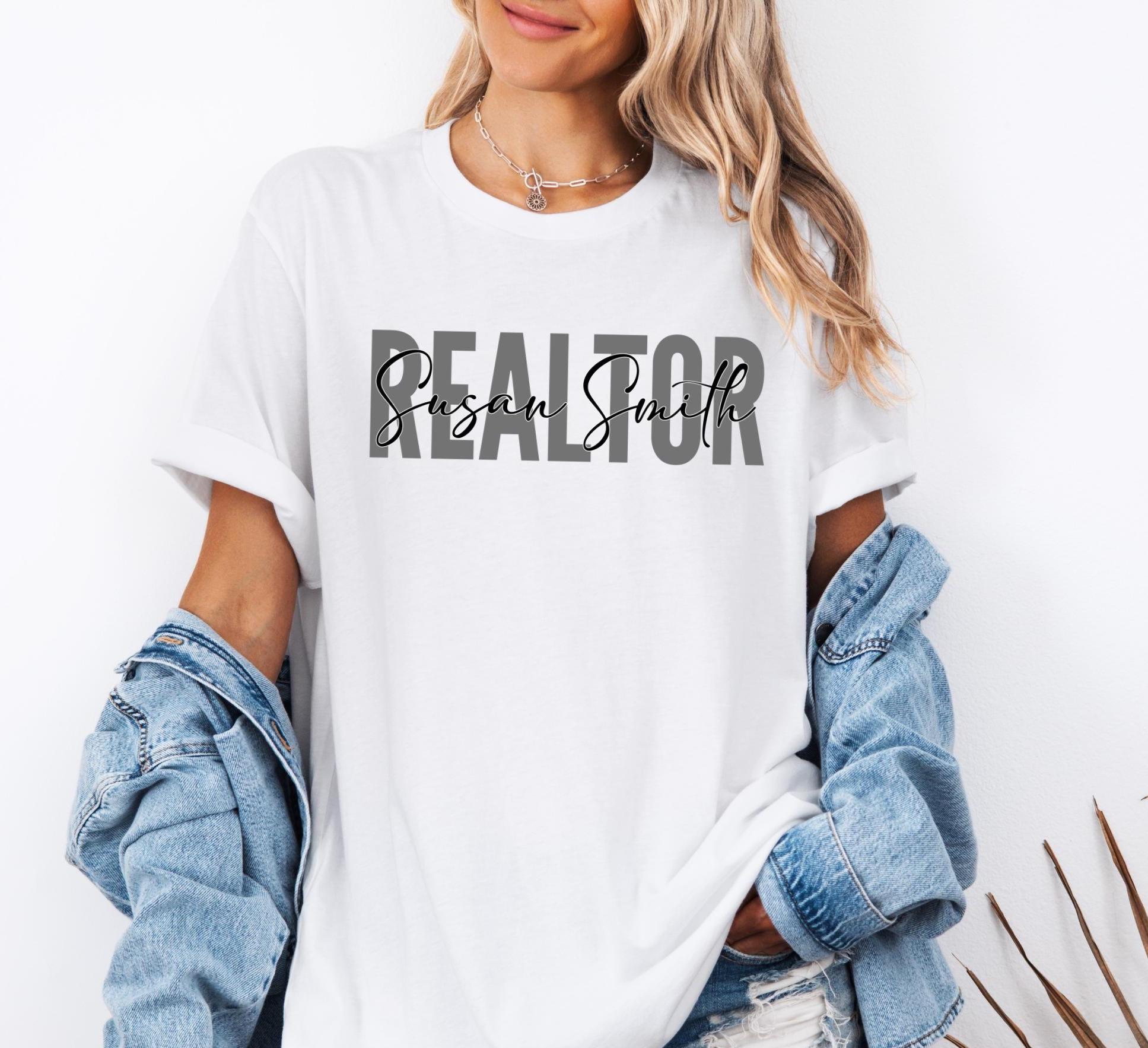 Personalized Realtor T-Shirt with custom name in bold modern typography and elegant script font, black and white unisex tee gift for real estate agent.