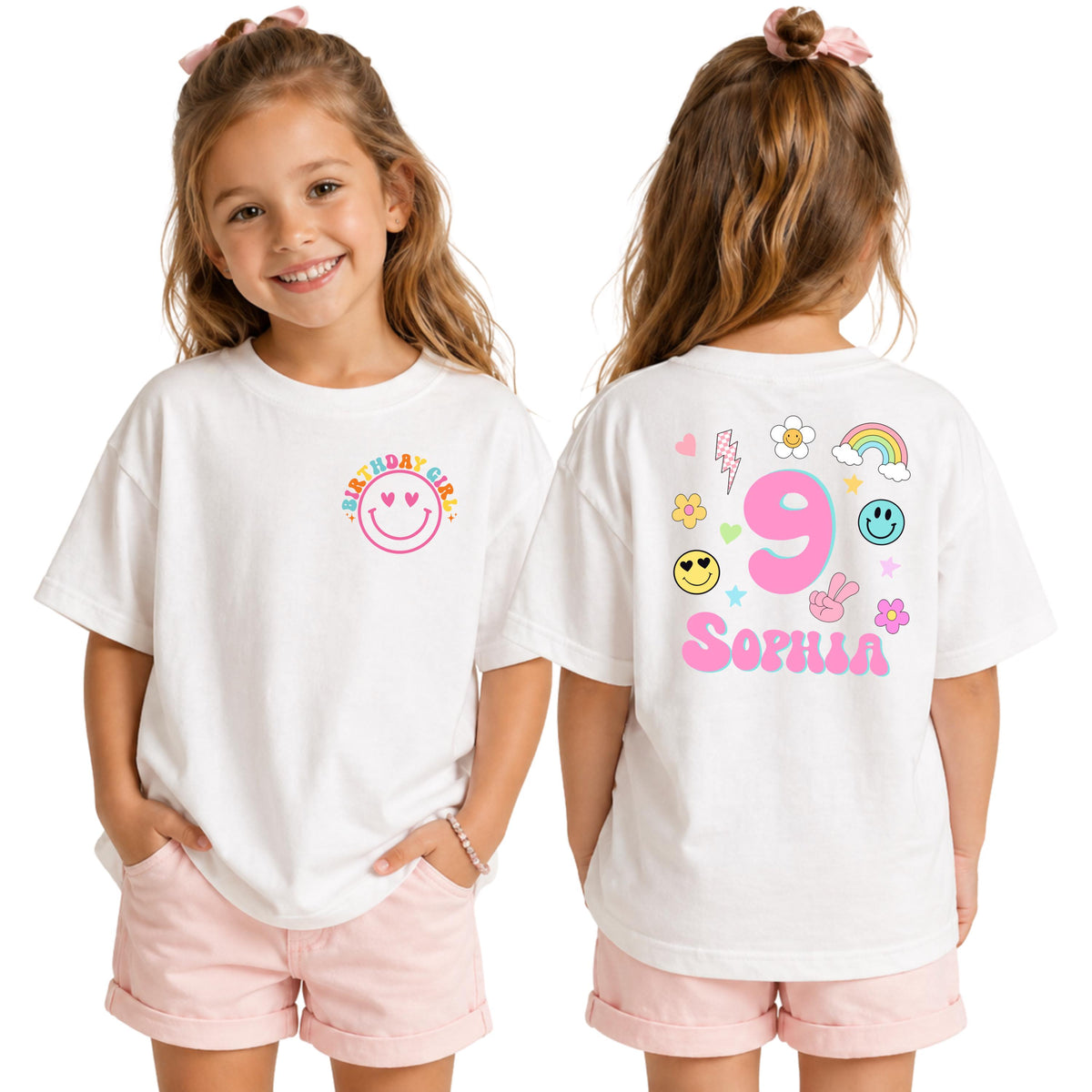ront view of personalized groovy birthday shirt with colorful birthday girl smiley graphic on soft black unisex t-shirt.