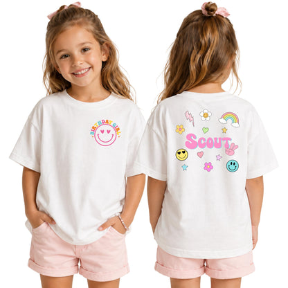 Front view of personalized groovy smiley shirt for girls with colorful birthday-inspired design.