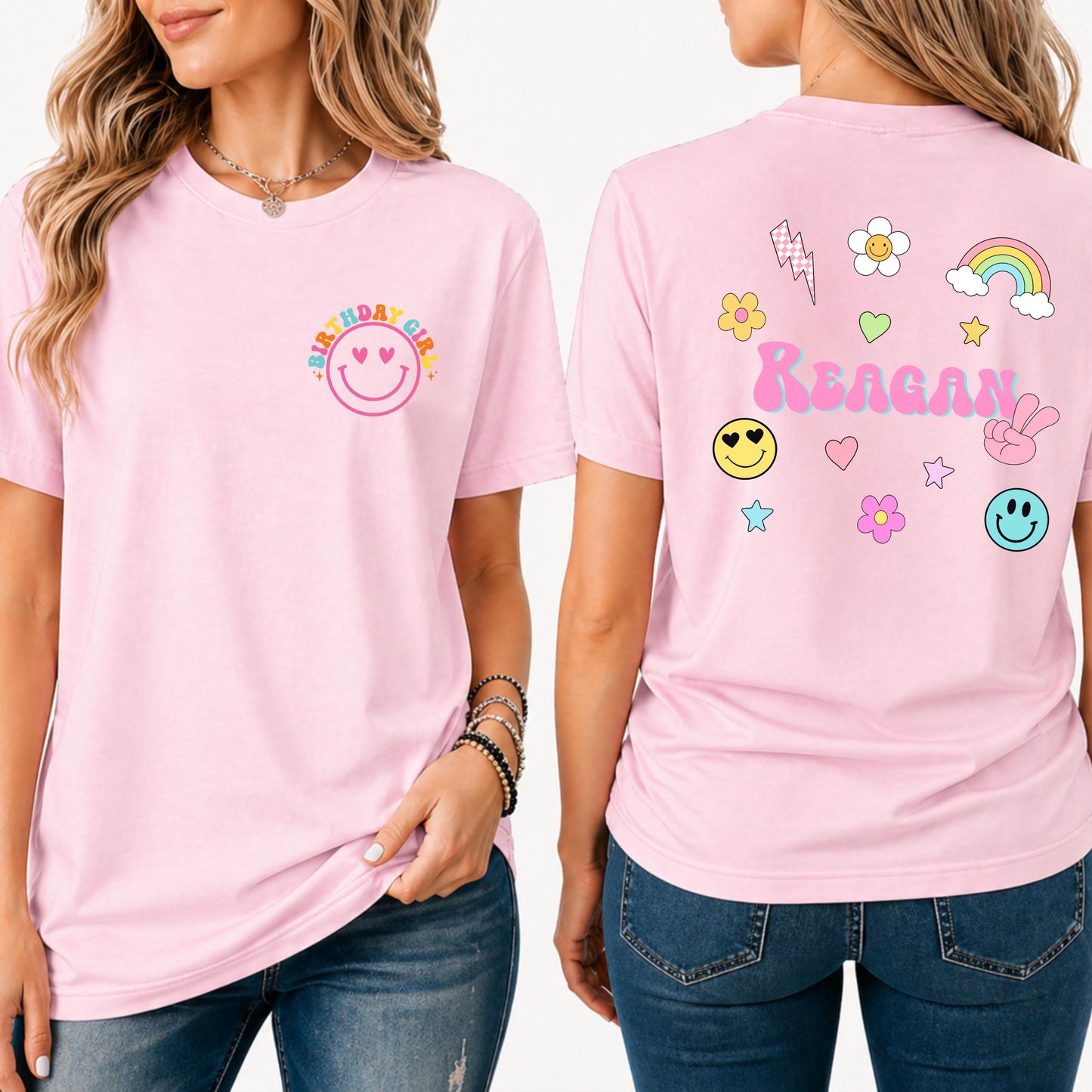 Back view of custom name shirt featuring retro flowers, rainbow, smiley faces, stars and personalized name.