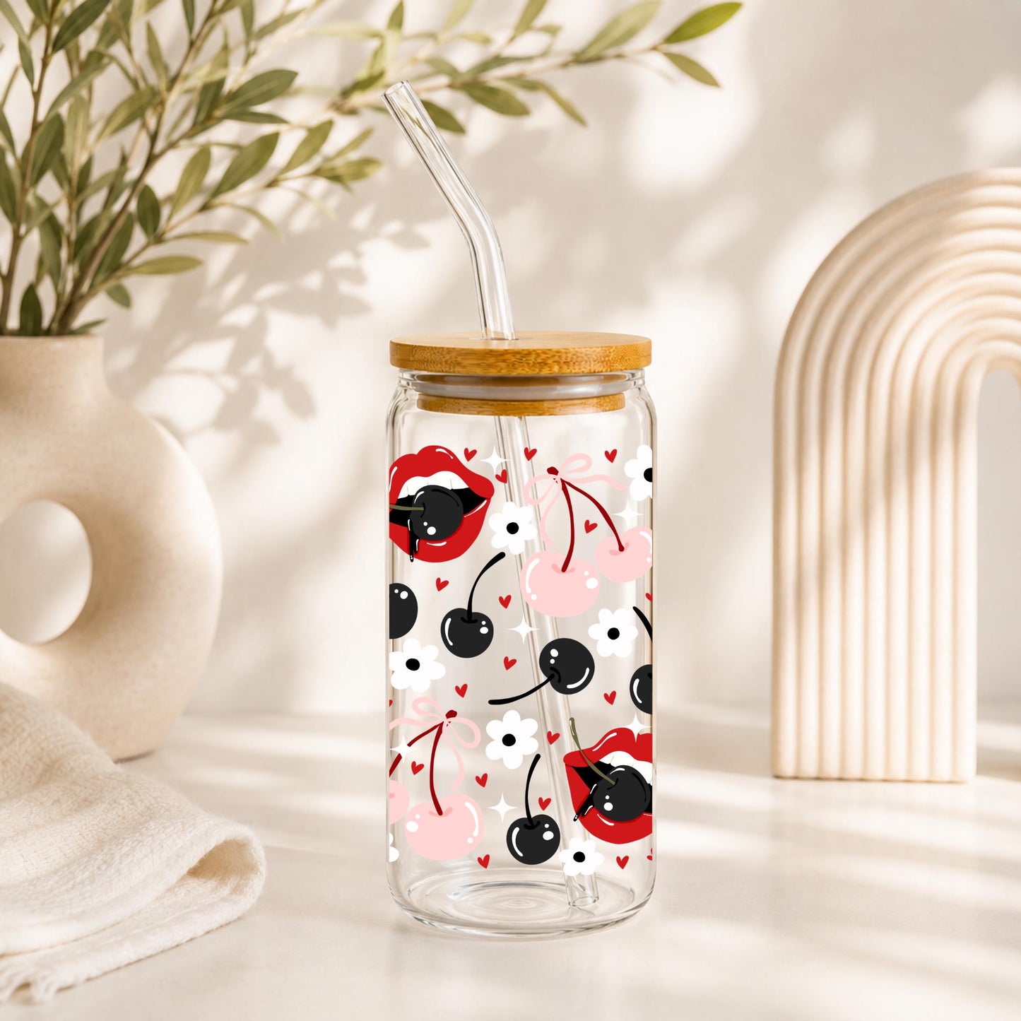 Cherry Glass Cup with Bamboo Lid & Glass Straw, Cute Cherry Aesthetic Cup, Coquette Iced Coffee Glass, 20oz Glass Can, Cherry Lover Gift