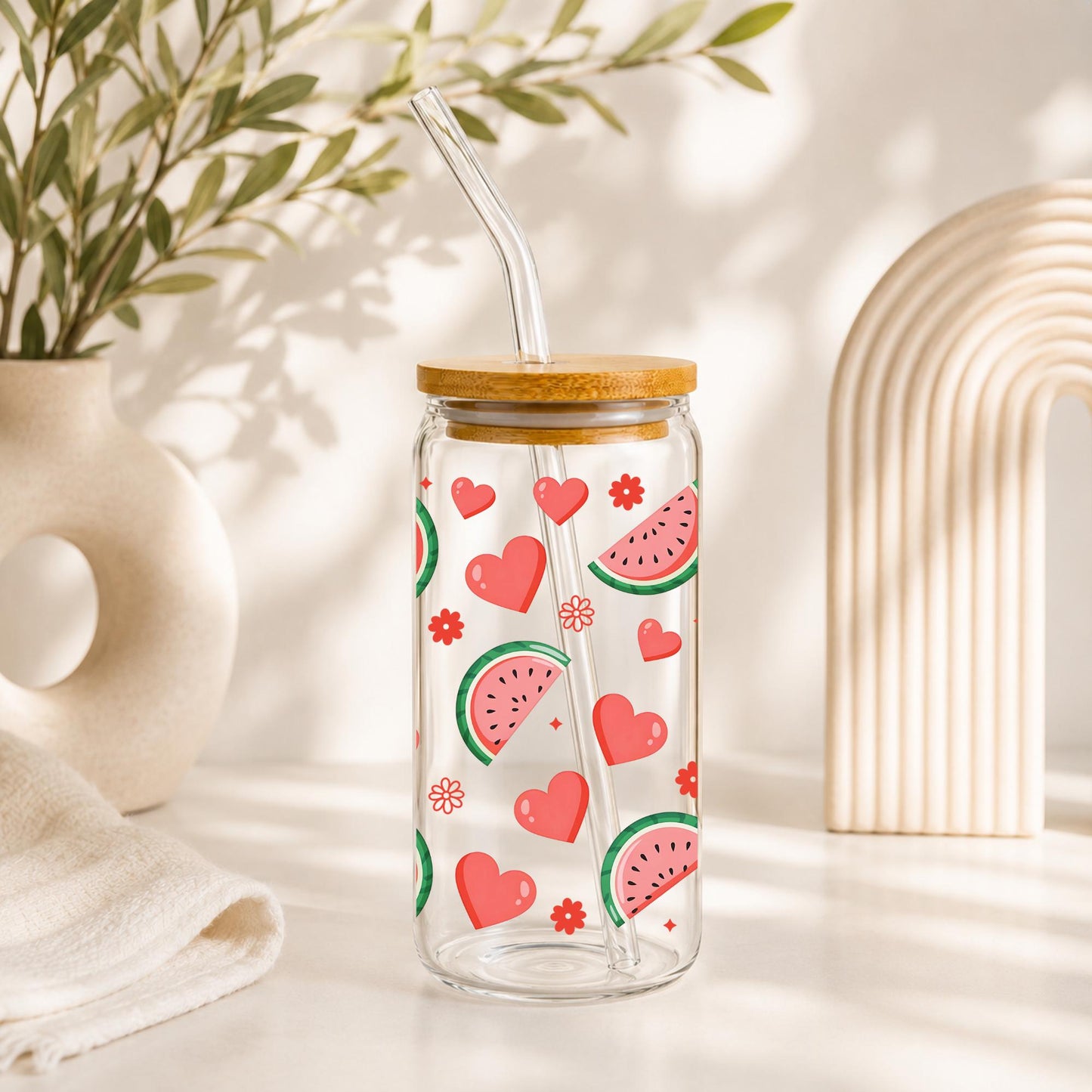 watermelon glass can cup with pink hearts watermelon slices and cute summer aesthetic design