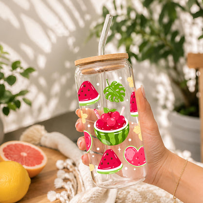 20oz glass cup with bamboo lid featuring watermelon bowl tropical leaves watermelon slices and summer fruit artwork