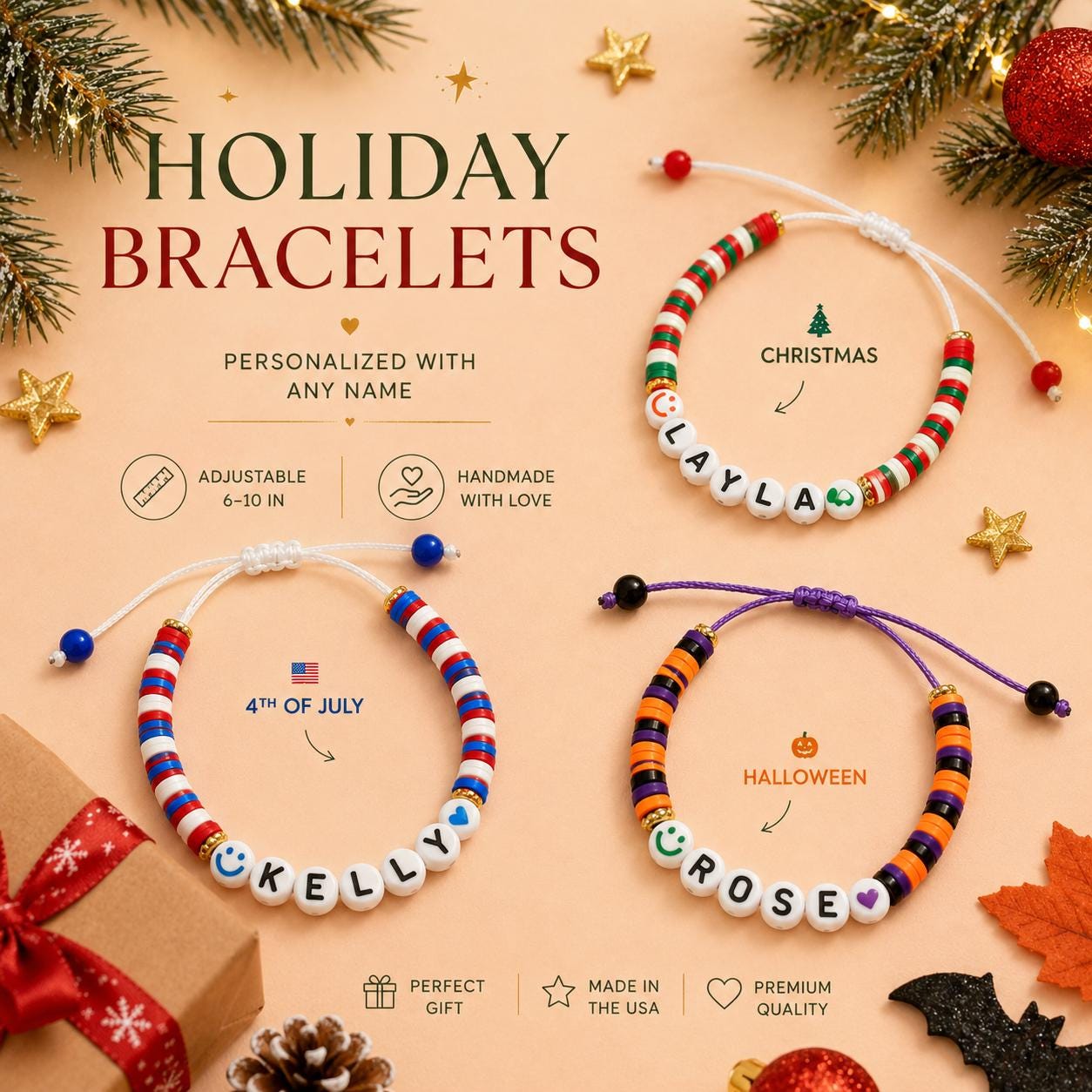 Personalized Holiday Name Bracelet, Christmas Bracelet, Halloween Bracelet, Valentine's Gift, 4th of July Bracelet, Custom Kids Bracelet