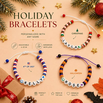 Personalized Holiday Name Bracelet, Christmas Bracelet, Halloween Bracelet, Valentine's Gift, 4th of July Bracelet, Custom Kids Bracelet