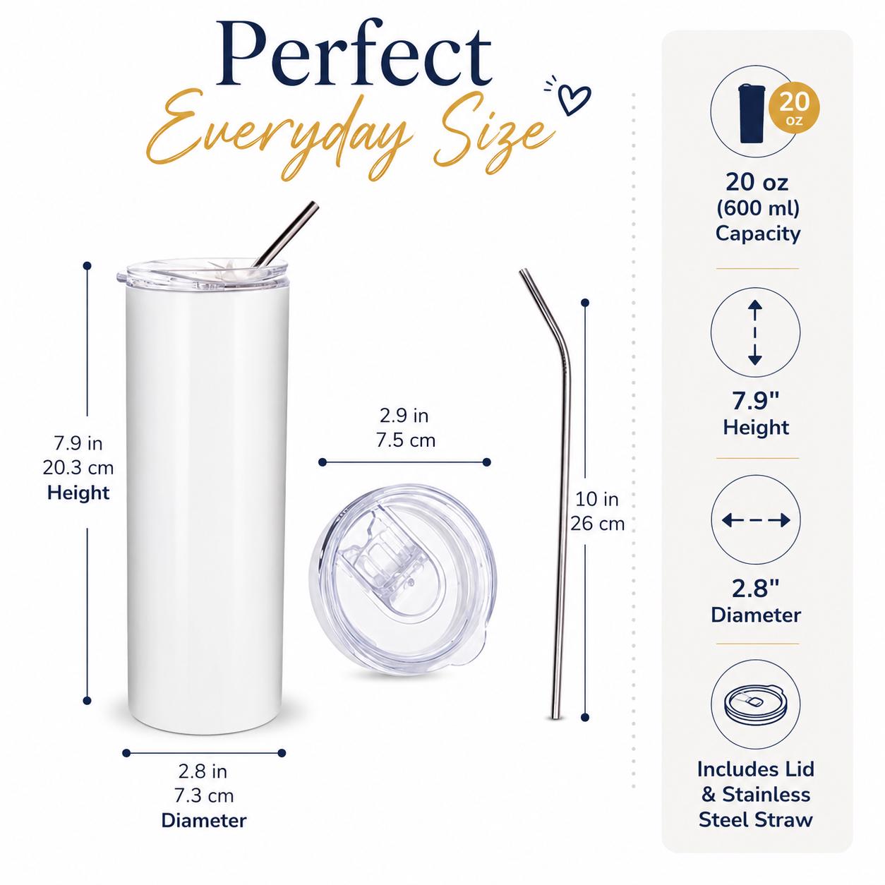 20 oz insulated tumbler dimensions showing height, diameter, lid size and reusable stainless steel straw measurements.