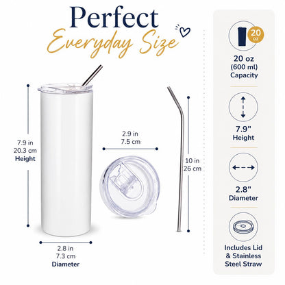20 oz insulated tumbler dimensions showing height, diameter, lid size and reusable stainless steel straw measurements.