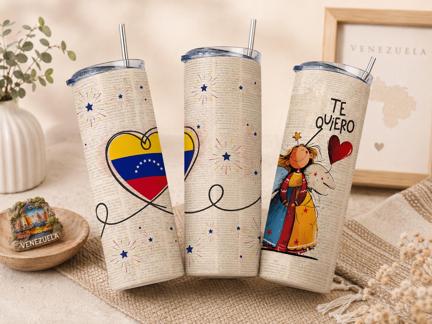 Venezuelan pride 20 oz insulated stainless steel tumbler with colorful heart flag design, lid and reusable metal straw on a white background.