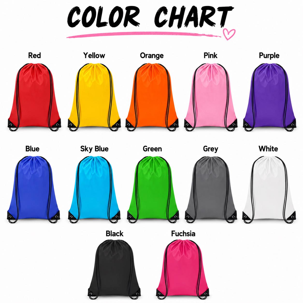 Available backpack color options for personalized family cruise drawstring bags.